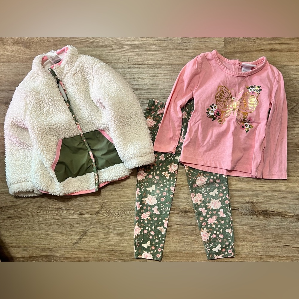 Little Lass, Vintage Floral Pink/Green 3 piece outfit set, size 2T